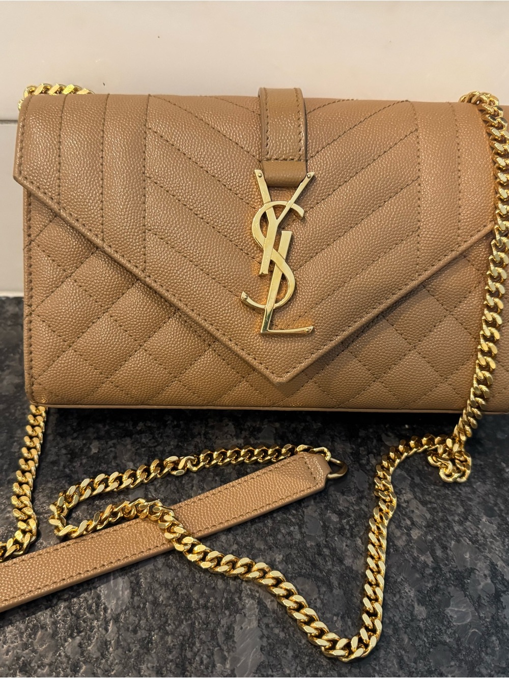 Saint Laurent Quilted Tan YSL Envelope Crossbody with Gold Chain